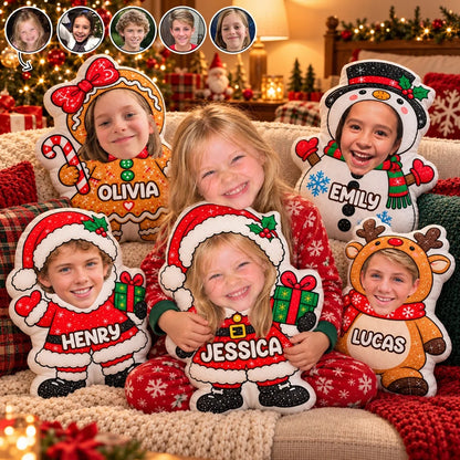 Personalized Christmas Character Shaped Pillow, Children Holding Festive Decor, Unique Family Gift