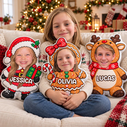 Personalized Christmas Character Shaped Pillow, Children Holding Festive Decor, Unique Family Gift