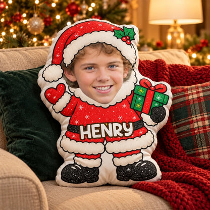 Personalized Christmas Character Shaped Pillow, Children Holding Festive Decor, Unique Family Gift