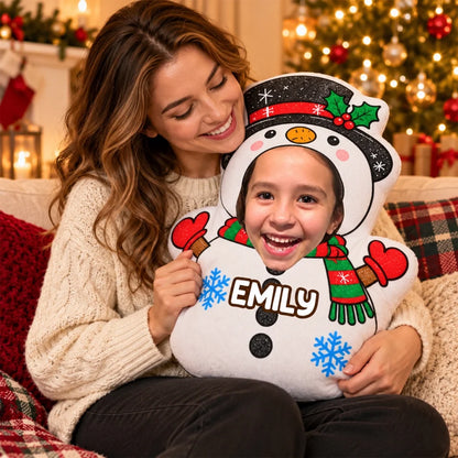 Personalized Christmas Character Shaped Pillow, Children Holding Festive Decor, Unique Family Gift