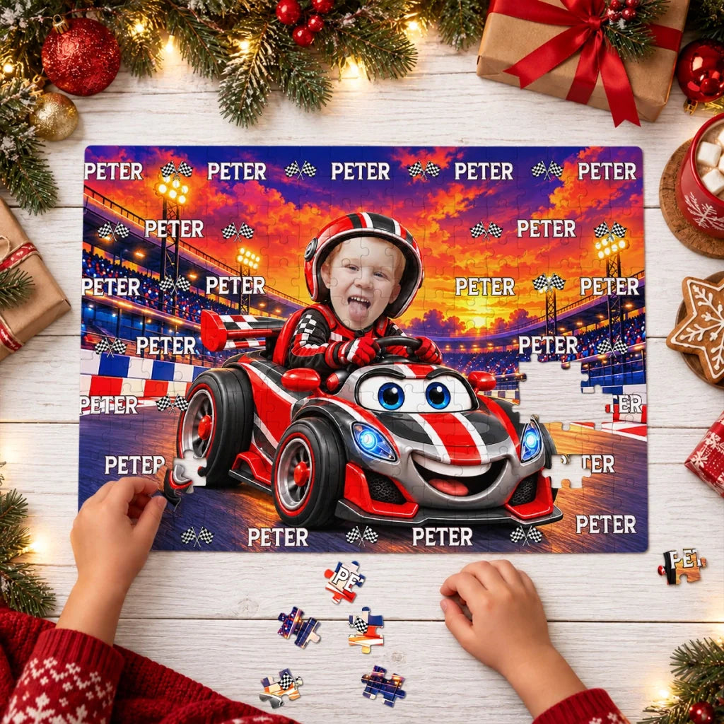 Personalized Wooden Puzzle, Smiling Child Driving a Race Car at Sunset, Unique Gift for Kids
