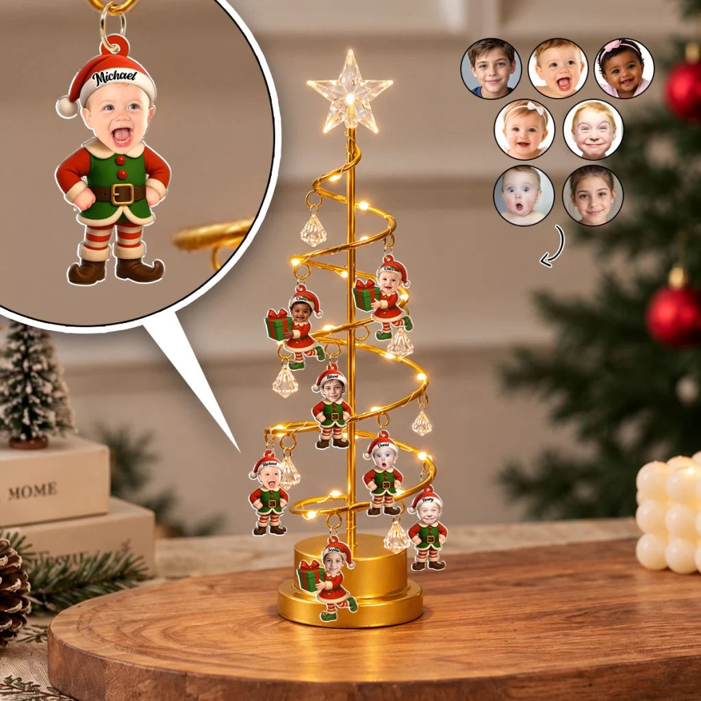 Personalized Spiral Christmas Tree Table Lamp with Little Elf Characters, Unique Christmas Gift for Family