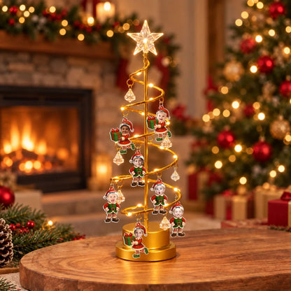 Personalized Spiral Christmas Tree Table Lamp with Little Elf Characters, Unique Christmas Gift for Family