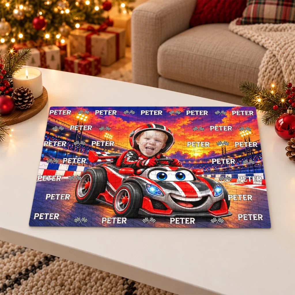 Personalized Wooden Puzzle, Smiling Child Driving a Race Car at Sunset, Unique Gift for Kids