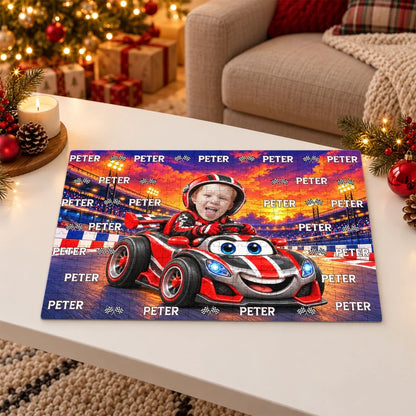 Personalized Wooden Puzzle, Smiling Child Driving a Race Car at Sunset, Unique Gift for Kids