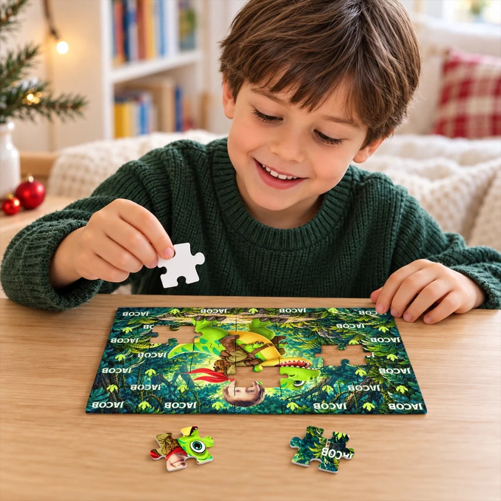 Personalized Wooden Puzzle, Smiling Child Driving a Race Car at Sunset, Unique Gift for Kids