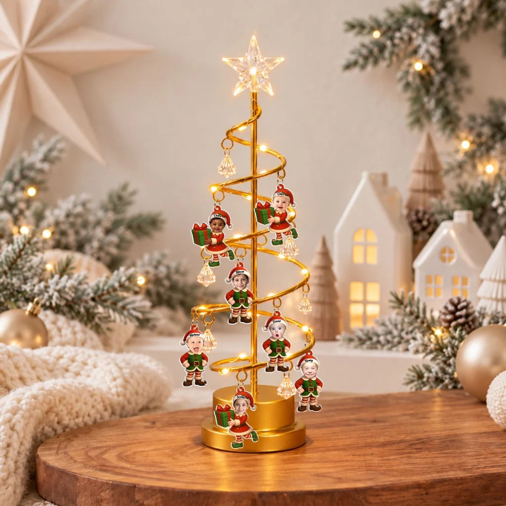 Personalized Spiral Christmas Tree Table Lamp with Little Elf Characters, Unique Christmas Gift for Family