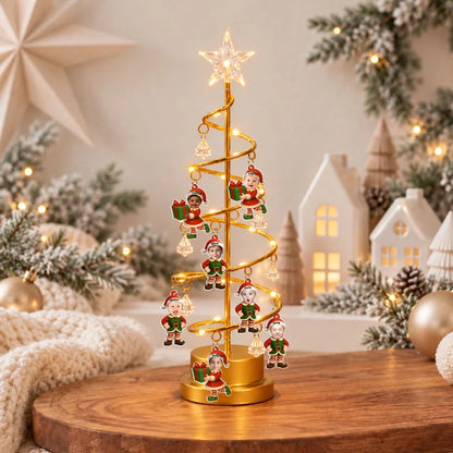 Personalized Spiral Christmas Tree Table Lamp with Little Elf Characters, Unique Christmas Gift for Family
