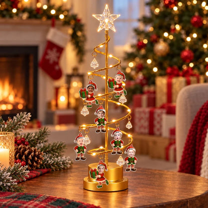 Personalized Spiral Christmas Tree Table Lamp with Little Elf Characters, Unique Christmas Gift for Family