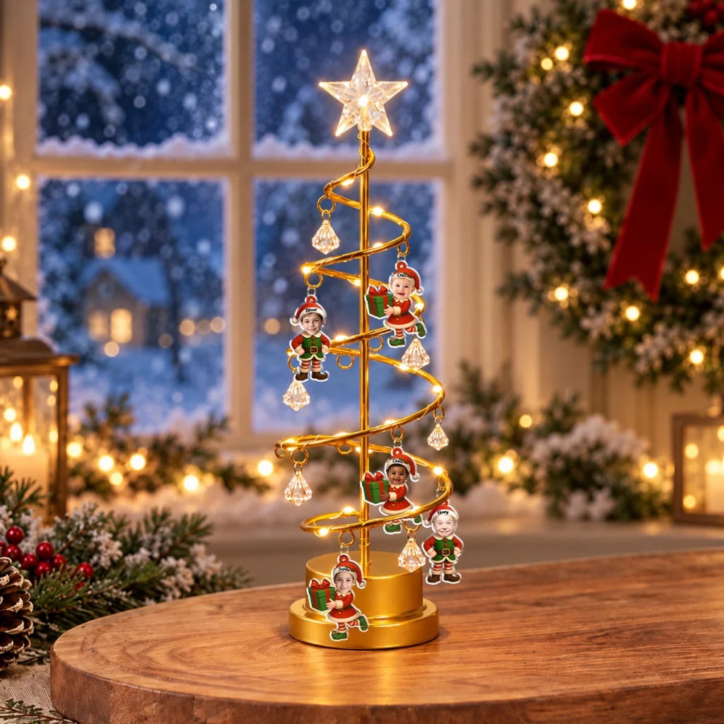 Personalized Spiral Christmas Tree Table Lamp with Little Elf Characters, Unique Christmas Gift for Family