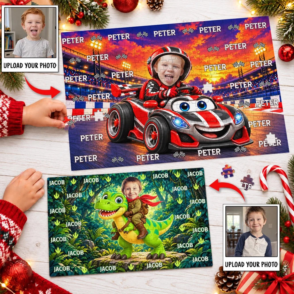 Personalized Wooden Puzzle, Smiling Child Driving a Race Car at Sunset, Unique Gift for Kids