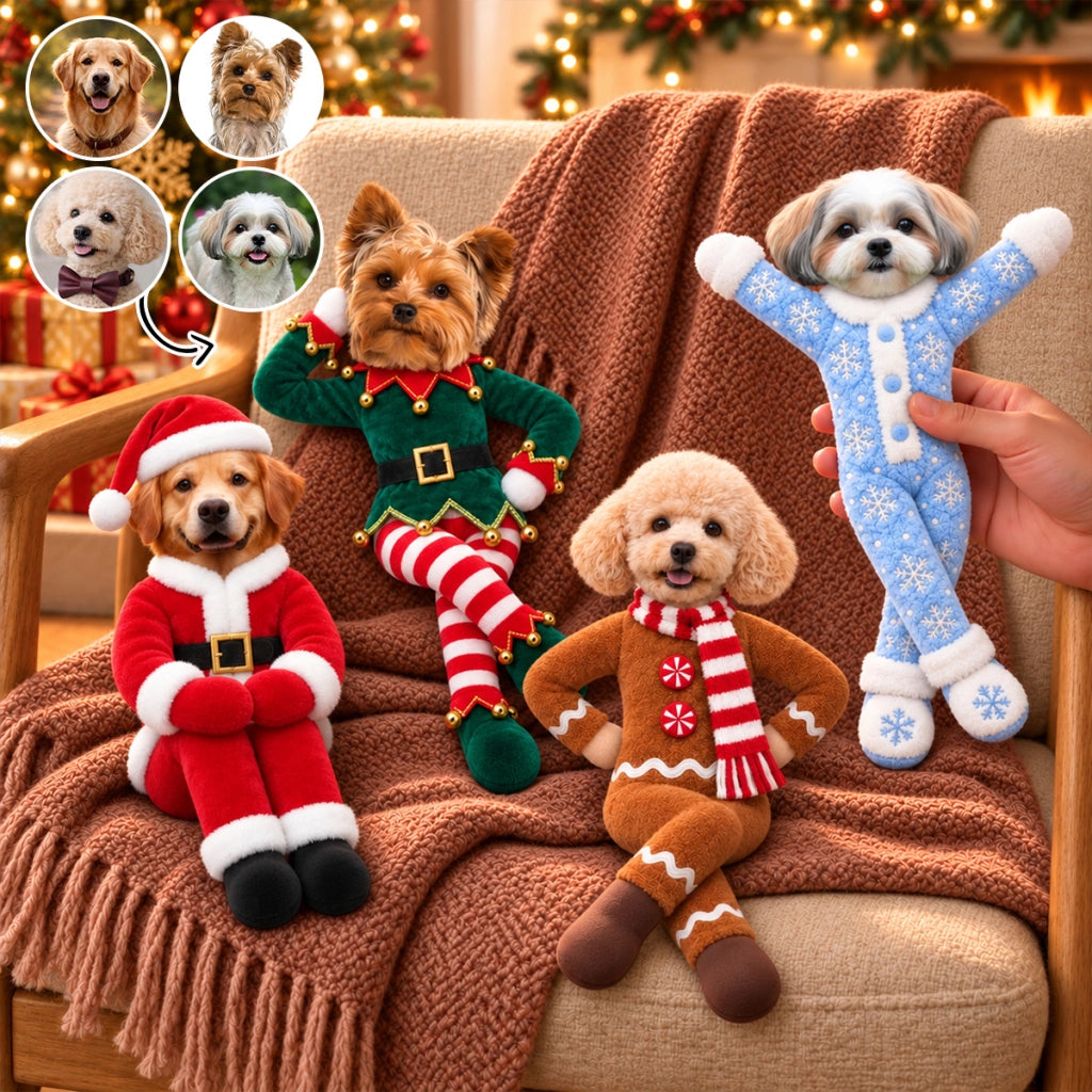 Personalized Photo Squishy Plush Doll, Posed Christmas Dog in Festive Costume, Unique Gift for Dog Lovers