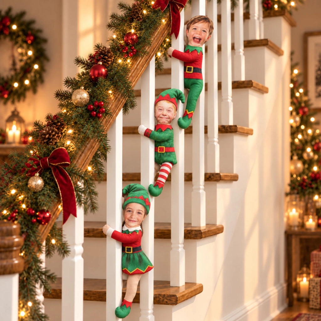 Personalized Photo Squishy Plush Doll, Playful Elf Poses in a Cozy Christmas Room, Unique Gift for Family