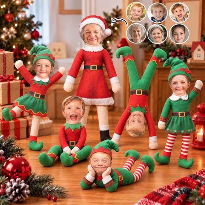 Personalized Photo Squishy Plush Doll, Playful Elf Poses in a Cozy Christmas Room, Unique Gift for Family