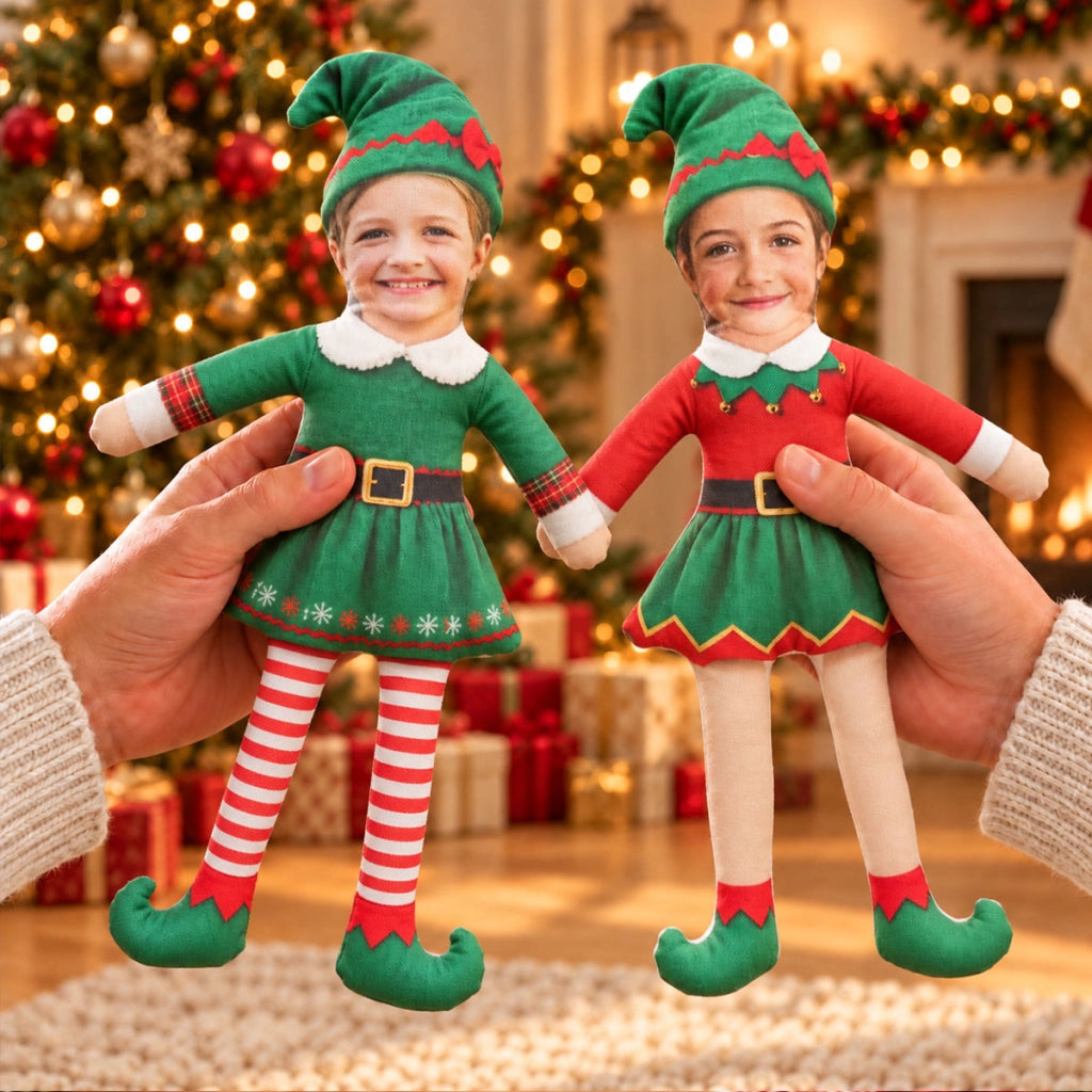 Personalized Photo Squishy Plush Doll, Playful Elf Poses in a Cozy Christmas Room, Unique Gift for Family
