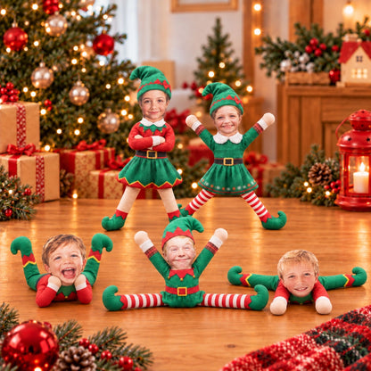 Personalized Photo Squishy Plush Doll, Playful Elf Poses in a Cozy Christmas Room, Unique Gift for Family