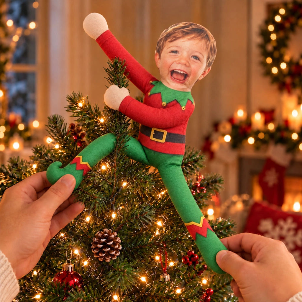 Personalized Photo Squishy Plush Doll, Playful Elf Poses in a Cozy Christmas Room, Unique Gift for Family