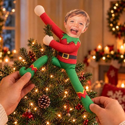 Personalized Photo Squishy Plush Doll, Playful Elf Poses in a Cozy Christmas Room, Unique Gift for Family