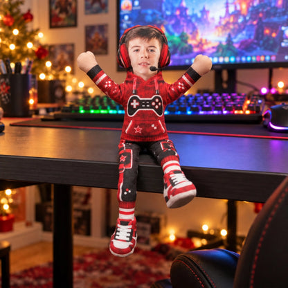 Personalized Photo Squishy Plush Doll, Gamer Pose in a Cozy Gaming Room, Unique Christmas Gift for Kids