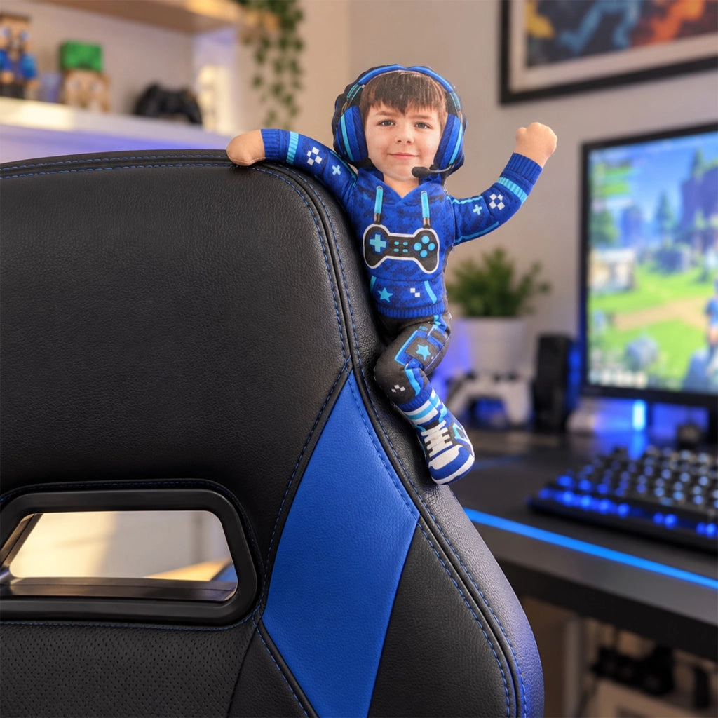 Personalized Photo Squishy Plush Doll, Gamer Pose in a Cozy Gaming Room, Unique Christmas Gift for Kids