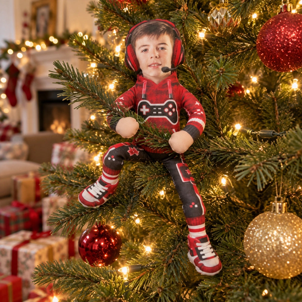 Personalized Photo Squishy Plush Doll, Gamer Pose in a Cozy Gaming Room, Unique Christmas Gift for Kids
