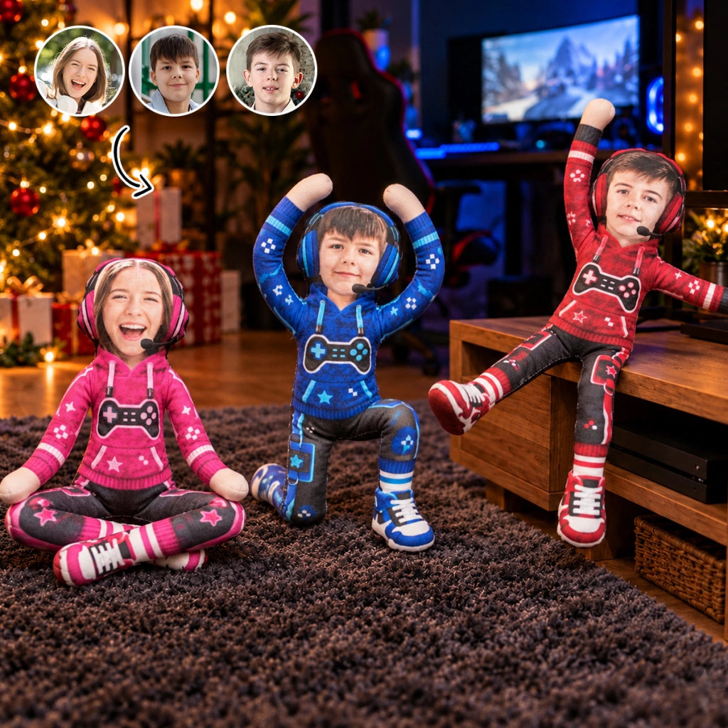 Personalized Photo Squishy Plush Doll, Gamer Pose in a Cozy Gaming Room, Unique Christmas Gift for Kids