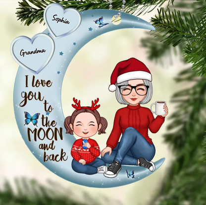 Grandma & Grandkid Sitting On Heart Pattern Moon - Personalized Ornament and Plaque