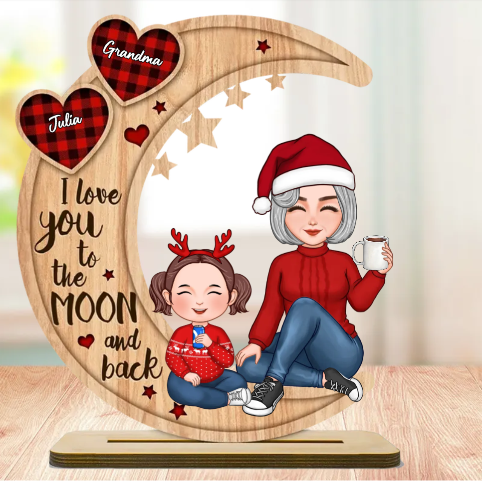 Grandma & Grandkid Sitting On Heart Pattern Moon - Personalized Ornament and Plaque
