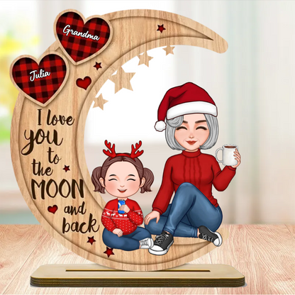 Grandma & Grandkid Sitting On Heart Pattern Moon - Personalized Ornament and Plaque