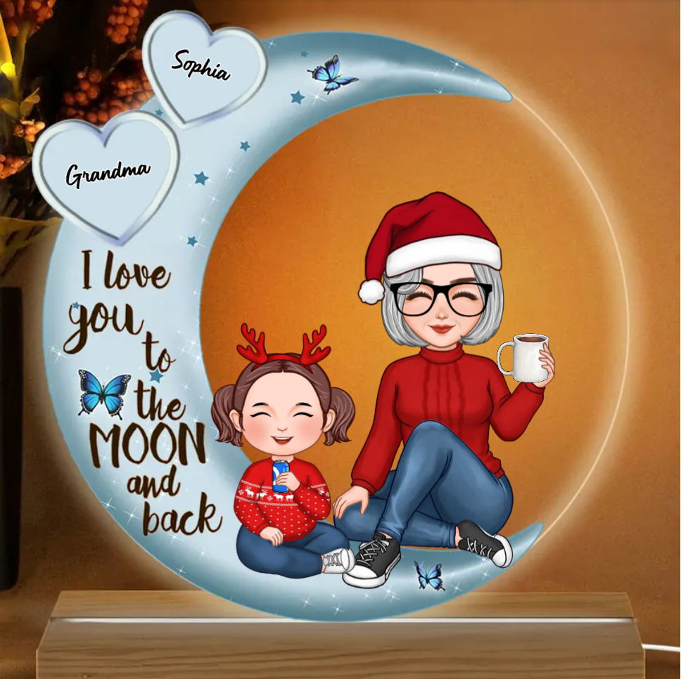 Grandma & Grandkid Sitting On Heart Pattern Moon - Personalized Ornament and Plaque