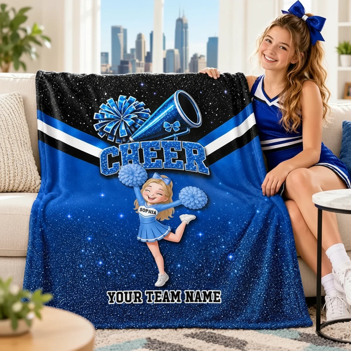 Personalized Fleece Blanket, Blue Starry Jumping Cheerleader Design, Unique Gift for Daughter