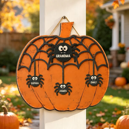 Grandma and Grandkids Wooden Sign, Rustic Orange Halloween Spider Web, Personalized Creative Family Gift