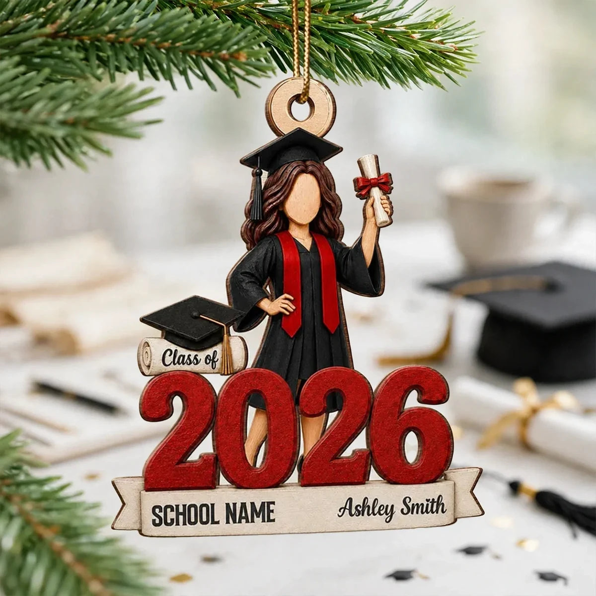 Personalized Wooden Ornament, Graduate Holding Diploma in Cap and Gown, Creative Keepsake Gift for Her