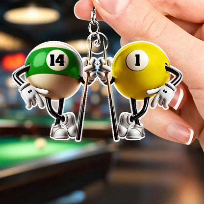 Personalized Acrylic Keychain, Cartoon Billiard Friends Holding Cues, Creative Gift for Pool Players