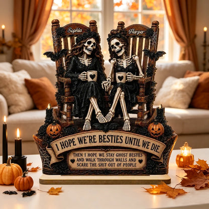 Personalized 2-Layer Wooden Plaque, Seated Skeleton Besties Holding Mugs, Unique Gift for Close Friend