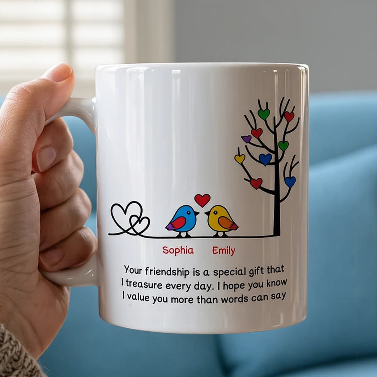 Your Friendship Is a Special Gift Personalized Mug, Heartwarming Bird Art, Creative Gift for a Friend