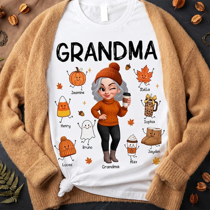 Personalized Classic Tee with Coffee-Holding Grandma and Grandkid Fall Doodles, Unique Autumn Gift for Grandma