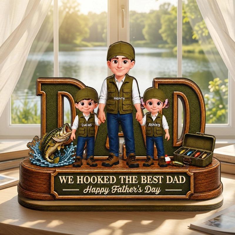 Personalized 2-Layer Wooden Plaque for Fishing Dad, Dad and Kids Holding Hands, Unique Father's Day Gift