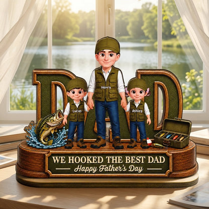 Personalized 2-Layer Wooden Plaque for Fishing Dad, Dad and Kids Holding Hands, Unique Father's Day Gift