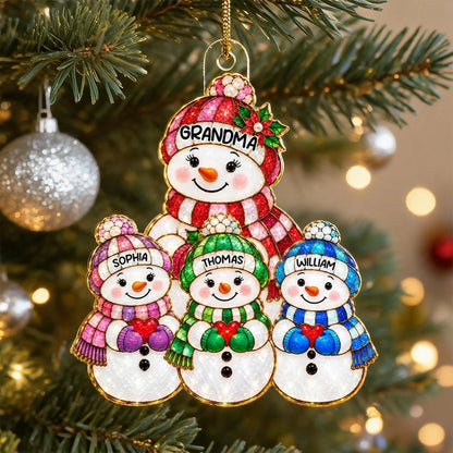 Personalized Acrylic Ornament, Colorful Snowman Grandma and Grandkids on Christmas Tree, Unique Gift for Grandma