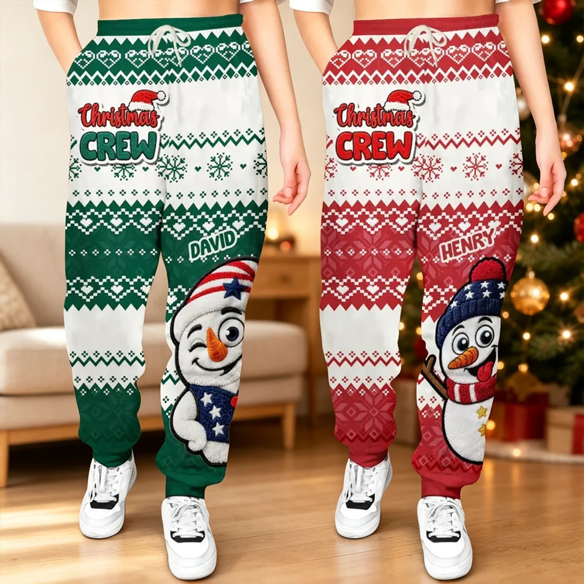 Christmas Crew Men's Sweatpants with Cheerful Snowmen, Personalized Creative Gift for Dad, Husband or Friend