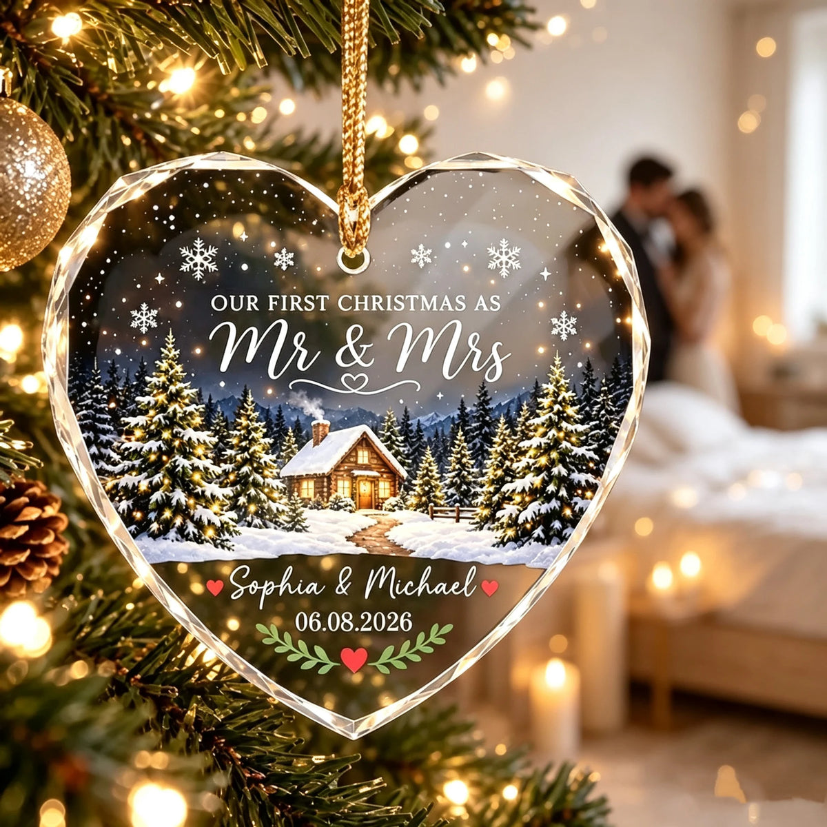 Personalized Crystal Heart Ornament, First Christmas as Mr & Mrs, Snowy Cabin Unique Gift for Couple