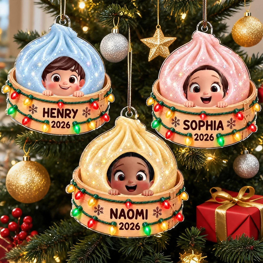 Personalized Acrylic Ornament, Smiling Child in a Dumpling Basket, Colorful Christmas Tree Decor, Unique Gift for Kids