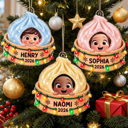 Personalized Acrylic Ornament, Smiling Child in a Dumpling Basket, Colorful Christmas Tree Decor, Unique Gift for Kids