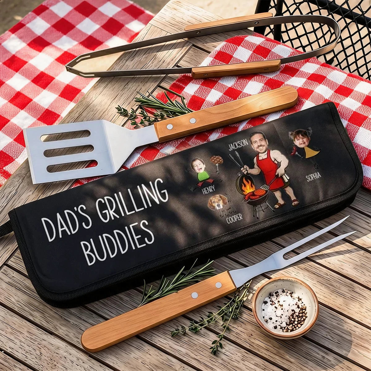 Personalized BBQ Tool Set, Black Cartoon of Dad Grilling with Kids & Dog Outdoors, Unique Gift for Dad