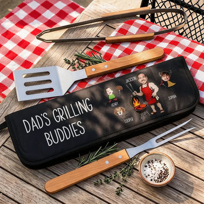 Personalized BBQ Tool Set, Black Cartoon of Dad Grilling with Kids & Dog Outdoors, Unique Gift for Dad