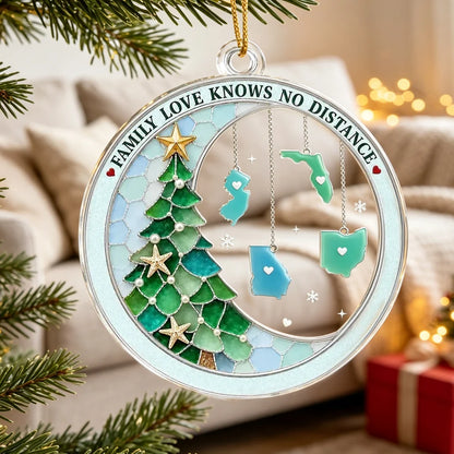Personalized Acrylic Ornament with Family Map Charms and Christmas Tree, Unique Gift for Long-Distance Family