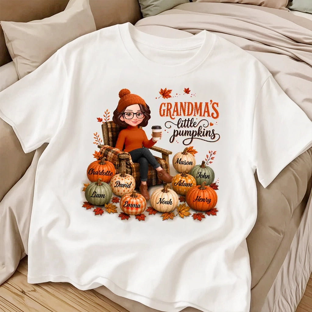 Personalized Classic Tee, Seated Grandma Holding Coffee with Pumpkins, Unique Gift for Grandma