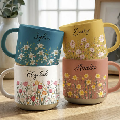 Personalized Pottery Mug with Wildflower Art, Creative Gift for Her, Cozy Coffee & Tea Moments
