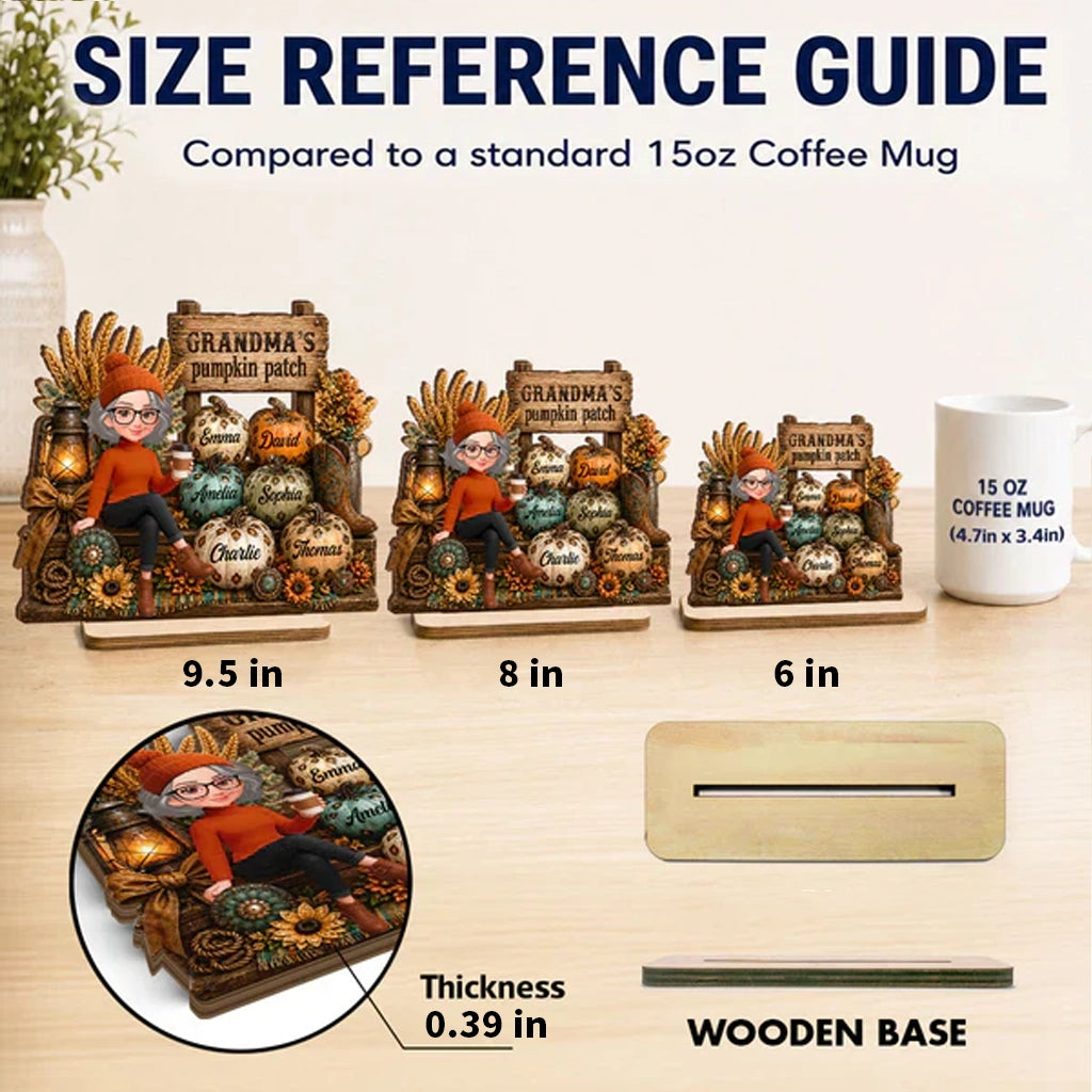 Personalized 2-Layer Wooden Plaque, Grandma Holding Coffee in Pumpkin Patch, Unique Gift for Grandma